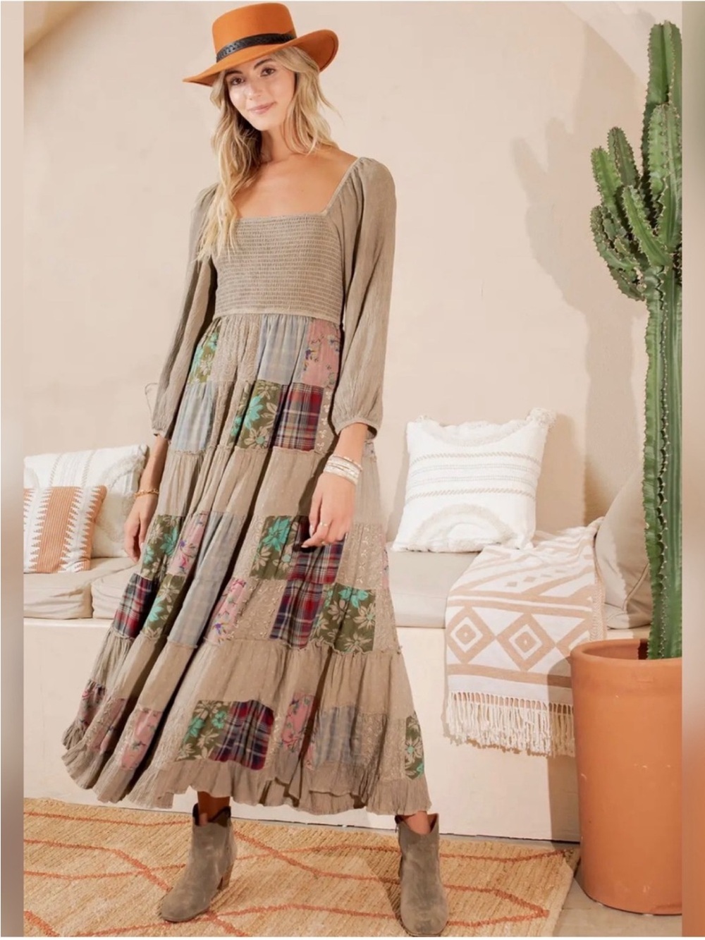 NWT: Young Threads Embroidered Mixed Patchwork Smocked Maxi Dress• Medium